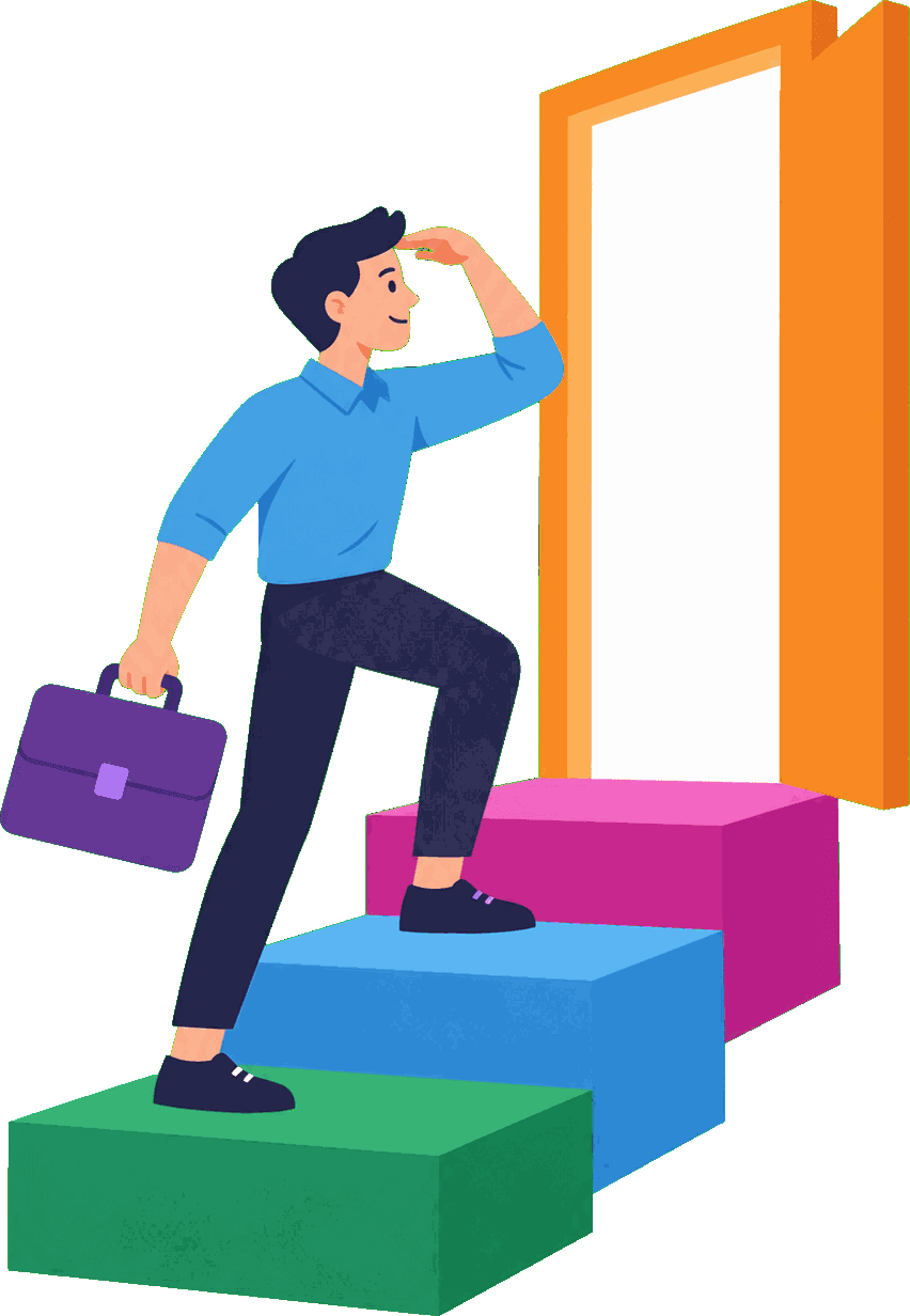 Illustration of a person with a briefcase climbing colourful steps toward an open, brightly lit door.