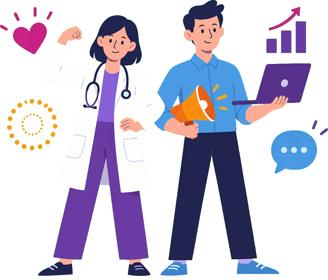 Illustration of a doctor flexing confidently beside a marketer holding a laptop.