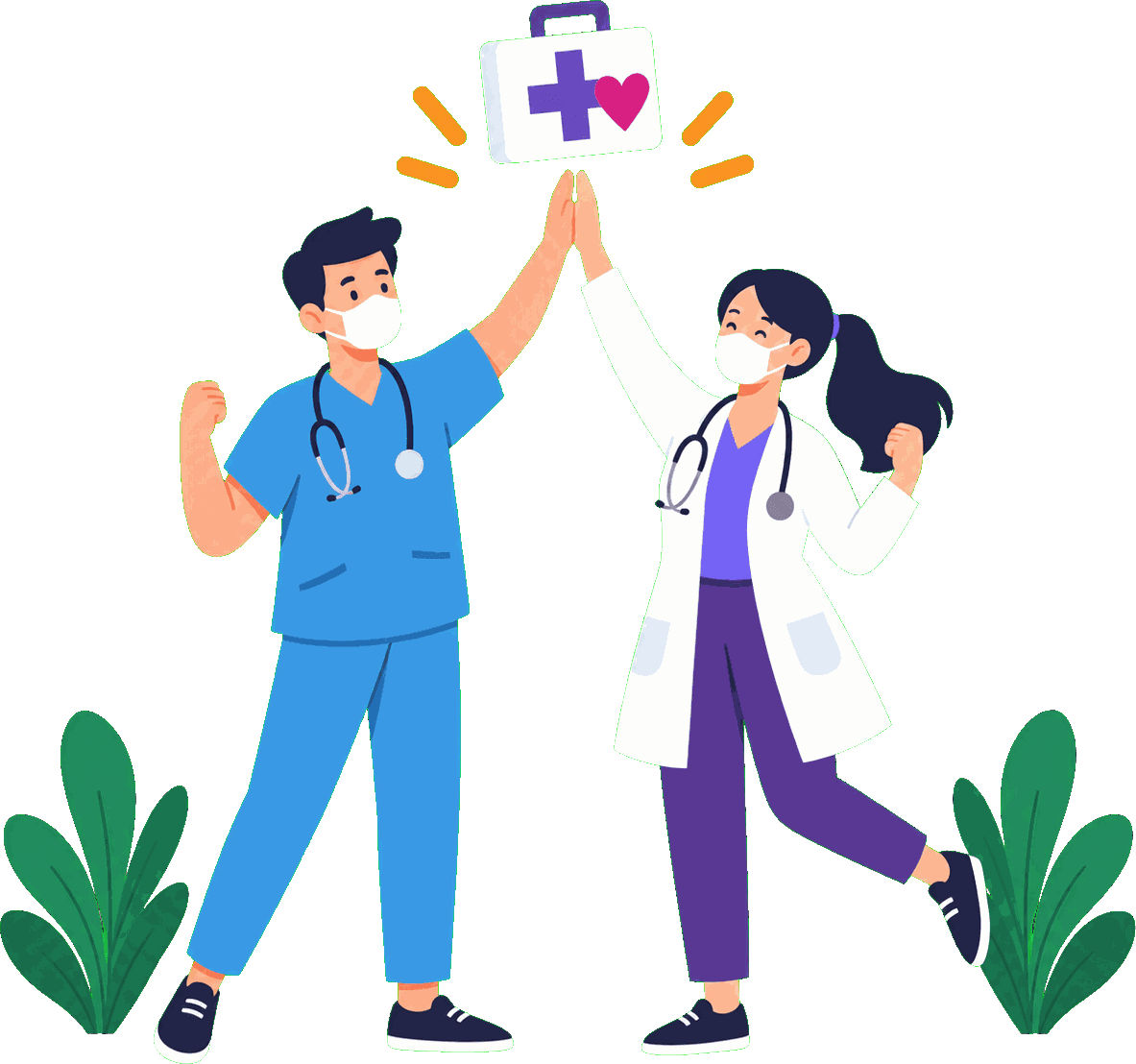 Illustration of a nurse and a doctor high-fiving beneath a first-aid box and a heart.